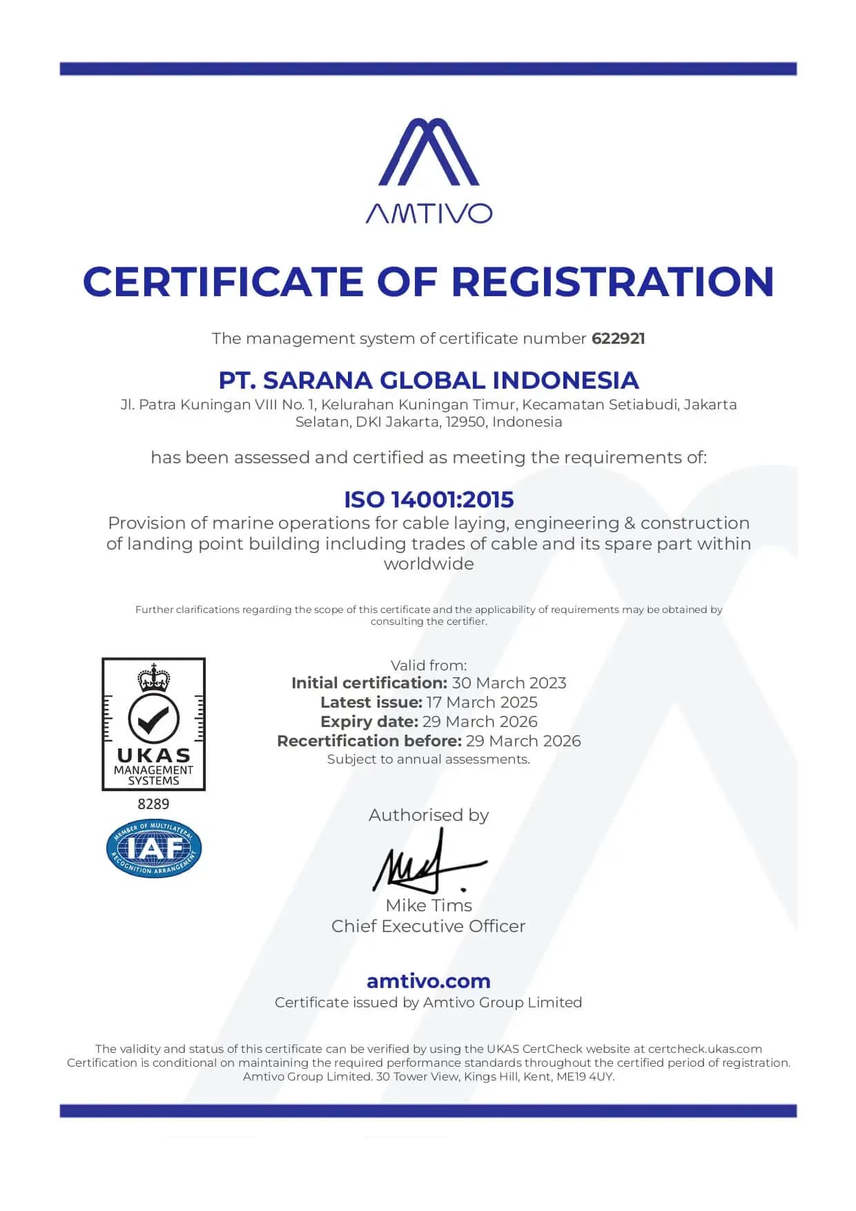 ISO 14001:2015 Certificate