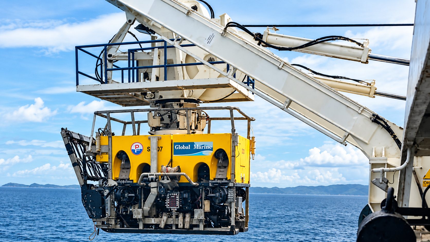 SGI heavy work-class ROV on the launch crane of Pacific Guardian